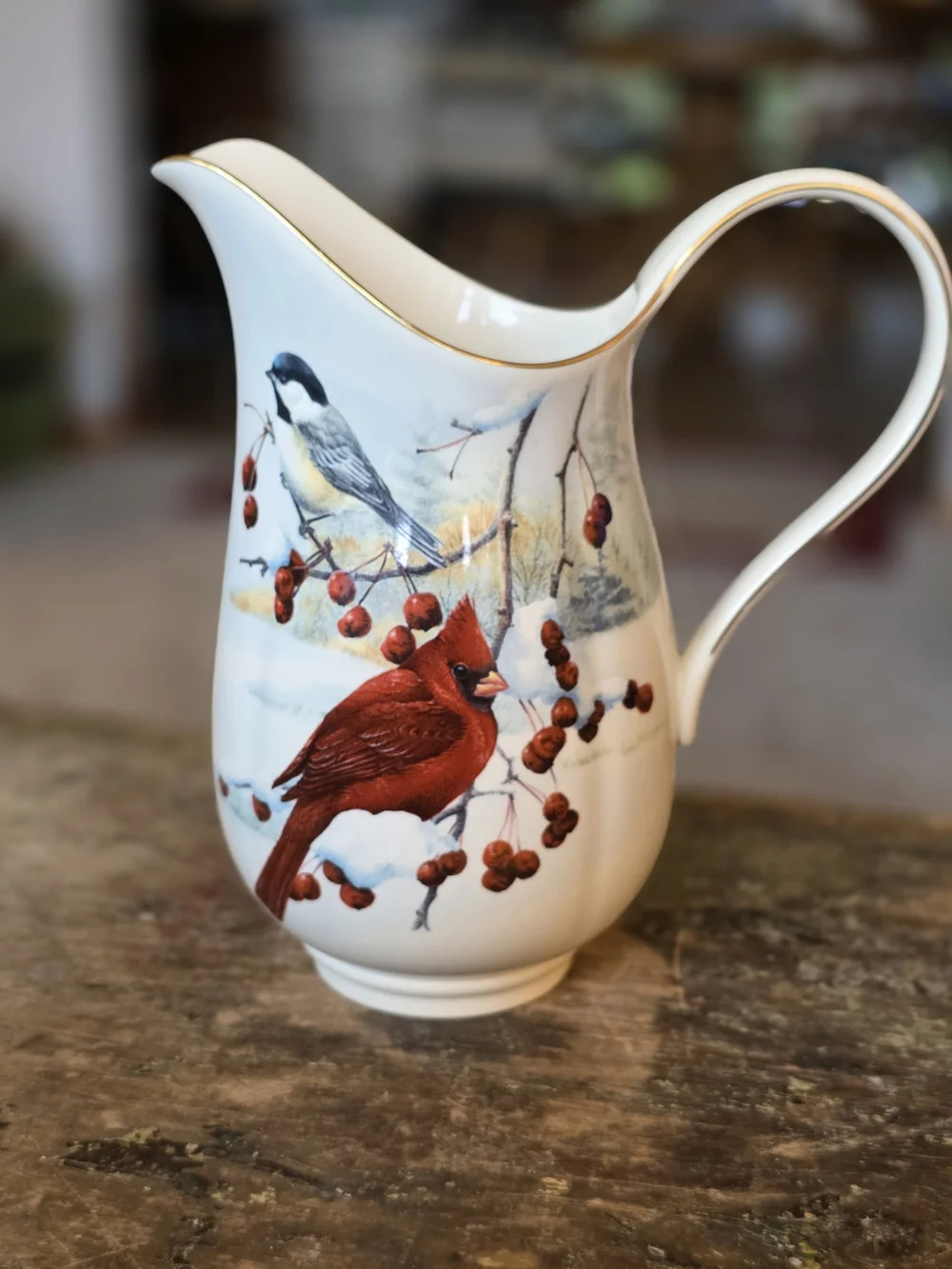 Lenox Ceramic Pitcher with Cardinal and Chickadee Illustration in Red and White